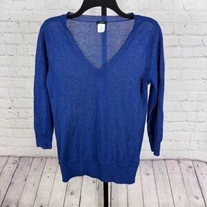 J. Crew Blue Linen and Silk Blend V-Neck Sweater Size Small